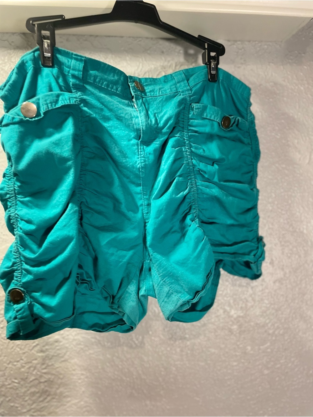 High-Waist Teal Ruched Women's Shorts with Button Detail
